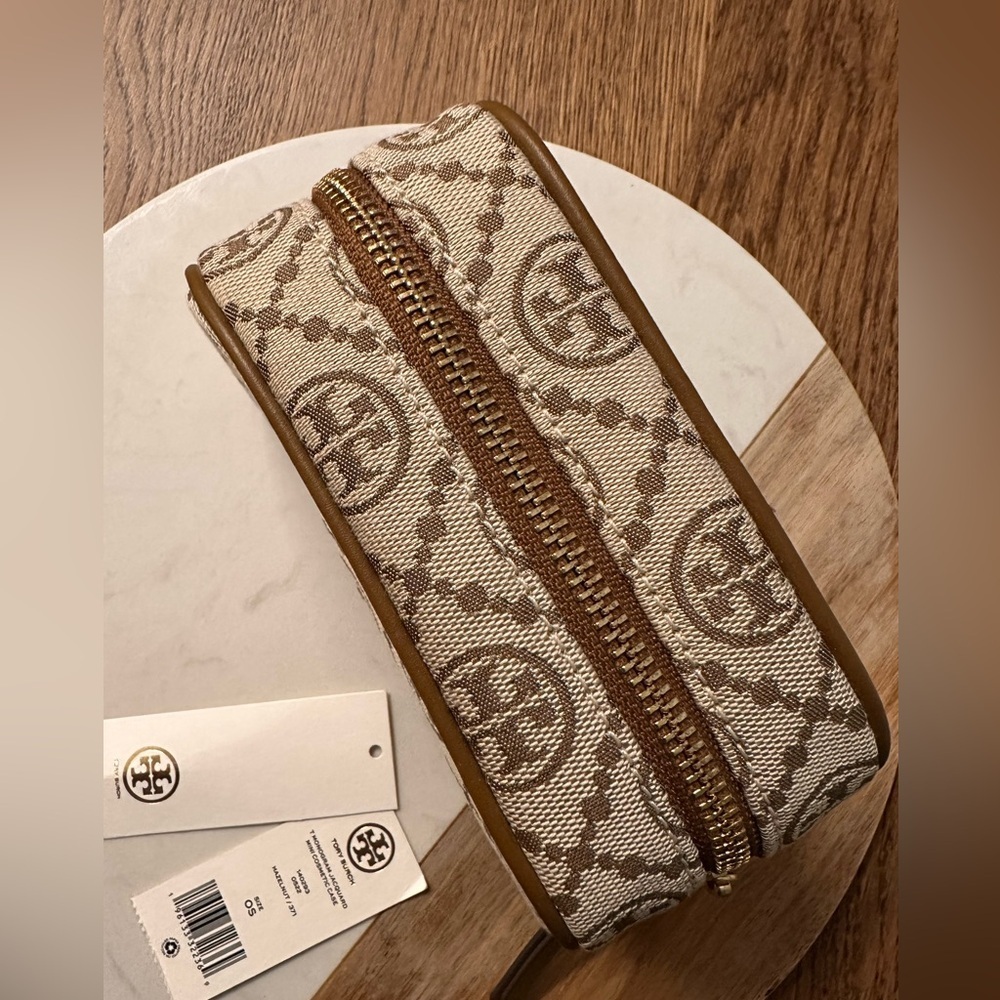 NWT! NEW! Tory Burch T Monogram Jacquard Cosmetic Pouch hazelnut women - Picture 5 of 6